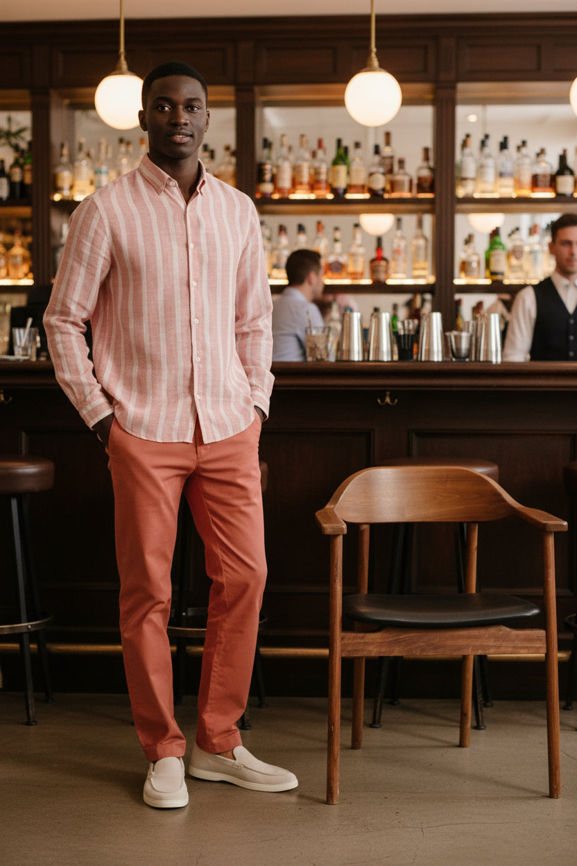 Chemise homme en lin à rayures orange, manches longues - look chic et estival - Biba Concept